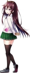  beans brown_eyes brown_hair female full_body horns kantai_collection kisaragi_(kancolle) kisaragi_(setsubun_mode)_(kancolle) kusada_souta long_hair looking_at_viewer looking_back official_art oni_horns open_mouth pleated_skirt purple_eyes setsubun shoes skirt solo sweater thighhighs transparent_background very_long_hair zettai_ryouiki 