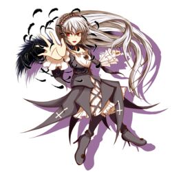  asuto3 commentary_request cross dress drop_shadow feathers female flower full_body grey_hair hairband highres long_hair red_eyes rozen_maiden solo suigintou transparent_background very_long_hair wings 