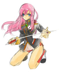  blue_eyes commentary_request epaulettes female pink_hair shoujo_kakumei_utena solo sword tenjou_utena tooka weapon 