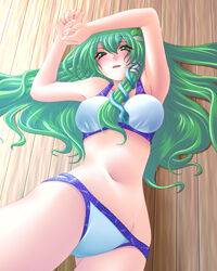  aoki_chibe bikini commentary_request female frog green_eyes green_hair hair_ornament highres kochiya_sanae long_hair snake solo swimsuit touhou 