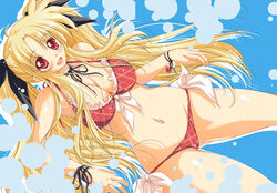  ayano_naoto bikini blonde_hair blush breasts cleavage commentary_request fate_testarossa female key long_hair lyrical_nanoha mahou_shoujo_lyrical_nanoha_strikers medium_breasts navel red_eyes side-tie_bikini_bottom solo swimsuit twintails very_long_hair 