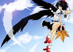  black_hair black_wings camera female fujino_ichi geta hand_fan hat hauchiwa looking_away photoshop_(medium) red_eyes shameimaru_aya short_hair smile solo tengu-geta tokin_hat touhou wings 