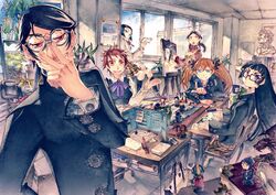  1boy 5girls adjusting_eyewear art_brush canvas_(object) clubroom commentary_request dice dungeons_&amp;_dragons easel glasses indoors mechanical_pencil multiple_girls original paintbrush palette_(object) pencil plant playing_games potted_plant school school_uniform statue tabletop_rpg wooden_pencil yoshida_tooru 