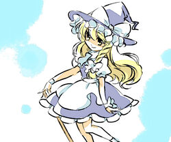  apron black_dress blonde_hair chigo dress female hat holding kirisame_marisa looking_at_viewer puffy_short_sleeves puffy_sleeves short_sleeves solo standing stick touhou waist_apron witch_hat 