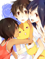  2boys black_hair brown_eyes brown_hair female hug ikezawa_kazuma kari-kenji koiso_kenji long_hair multiple_boys one_eye_closed shinohara_natsuki short_hair summer_wars surprised v yuzuki_karu 