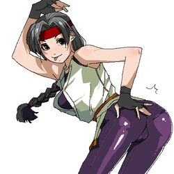  :p ass black_eyes braid chiisan commentary female fingerless_gloves gloves grey_hair headband jaggy_lines long_hair lowres oekaki ryuuko_no_ken simple_background single_braid solo spandex the_king_of_fighters tongue tongue_out white_background yuri_sakazaki 