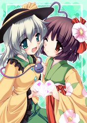  2girls 4-fingers_heart_hands commentary_request flower gonzaburo green_eyes grey_hair hair_flower hair_ornament hat heart heart_hands heart_hands_duo hieda_no_akyuu japanese_clothes kimono komeiji_koishi multiple_girls one_eye_closed purple_hair red_eyes short_hair touhou 