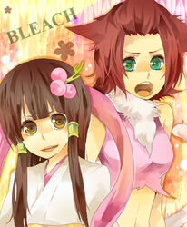  2girls bleach bleach:_zanpakutou_ibun_hen brown_hair copyright_name haineko hair_ornament hairpin japanese_clothes kimono kotoma long_hair multiple_girls personification red_hair short_hair tail tobiume 