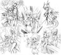  1boy 4girls ahoge bat_wings commentary_request demon_girl detached_sleeves drill_hair greyscale hair_ornament hair_ribbon hairclip headphones kagamine_rin kaito_(vocaloid) kasane_teto katzeh monochrome multiple_girls photoshop_(medium) ribbon scarf short_hair sketch smile tail twintails utane_uta utau vocaloid wings yokune_ruko 