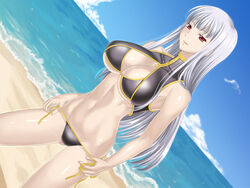  beach bikini bikini_pull black_bikini breasts cleavage cleavage_cutout clothes_pull clothing_cutout cloud commentary_request day female large_breasts legs long_hair ocean outdoors pulling_own_clothes red_eyes selvaria_bles senjou_no_valkyria_(series) senjou_no_valkyria_1 side-tie_bikini_bottom sky solo swimsuit thighs tonbidou underboob water white_hair 