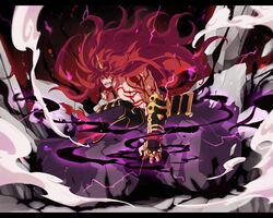  1boy armor bad_id bad_pixiv_id black_sclera colored_sclera darkness fangs gauntlets hakama hakama_skirt horns japanese_armor japanese_clothes kusazuri kyousaku long_hair male_focus muscular mygrimoire oni purple_hakama red_hair satan_(mygrimoire) skirt solo yellow_eyes 