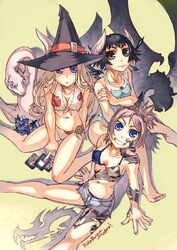  3girls armor barefoot bikini breasts card cleavage commentary_request dragon gauntlets gloves hat horns large_breasts medium_breasts multiple_girls original sitting swimsuit sword tattoo weapon wings witch_hat yoshida_tooru 