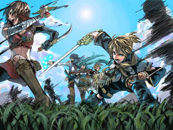  2boys 3girls action adapted_costume aqua_hair arm_wrap armor bad_id battle belt black_shorts black_skirt blonde_hair blue_hair blue_sky book boots bow breastplate breasts brown_cloak brown_footwear brown_hair brown_pants casting_spell cleavage clenched_hand cloak cloud crop_top dark_skin day dual_wielding endou_yuu fantasy floating_hair grass hairbow hatsune_miku holding holding_sword holding_weapon kagamine_len kagamine_rin kaito_(vocaloid) knee_boots knife knight legs_together long_hair magic medium_breasts meiko_(vocaloid) midriff miniskirt multiple_boys multiple_girls music open_book open_mouth orb outdoors outstretched_arm outstretched_arms pants pauldrons pleated_skirt red_skirt ribbon-trimmed_shorts ribbon_trim scarf short_hair shorts shoulder_armor singing skirt sky spread_arms standing sun sword twintails very_long_hair vocaloid weapon wind yellow_scarf 