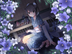  animal_ears bellflower black_eyes black_hair blue_flower bow cat_ears cat_tail chinese_bellflower commentary_request eye_reflection female fireworks floral_print floral_print_sash flower food fruit hair_flower hair_ornament incense japanese_clothes kanzaki_miku kayari_buta kimono kuroinu obi original reflection ribbon sandals sash senkou_hanabi short_hair smile smoke solo sparkler stuffed_animal stuffed_toy tail tail_bow tail_ornament tail_ribbon teddy_bear watermelon white_flower 