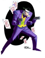  1boy batman:_the_animated_series batman_(series) bruce_timm card dc_comics gun joker_(dc) joker_(playing_card) male_focus official_art playing_card solo teeth toon_(style) weapon 