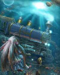  commentary_request fantasy female fish gtd-carthage highres immersed locomotive long_hair ocean original scenery solo steam_locomotive submerged train underwater 