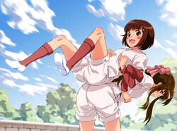  2girls back-to-back baseball_uniform blunt_bangs blush blush_stickers bob_cut bow brown_eyes brown_hair commentary_request hairbow kneehighs lifting_person locked_arms long_hair multiple_girls nisemon ogasawara_akiko short_hair shorts sidelocks smile socks sportswear stretching suzukawa_koume taishou_yakyuu_musume tree 