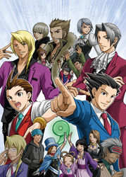  6+boys 6+girls ace_attorney_investigations ace_attorney_investigations:_miles_edgeworth alternate_costume apollo_justice apollo_justice:_ace_attorney ascot bad_id bad_pixiv_id blue_hat blue_necktie dick_gumshoe ema_skye eyewear_on_head formal glasses gloves godot_(ace_attorney) gyakuten_saiban half_updo hat karuma_mei kay_faraday klavier_gavin kristoph_gavin lab_coat lapels magatama magician maya_fey mia_fey miles_edgeworth multiple_boys multiple_girls naruhodou_ryuuichi necktie pearl_fey phoenix_wright:_ace_attorney_-_trials_and_tribulations pointing renzoku shi-long_lang shih-na suit sunglasses trucy_wright twisted_hair 