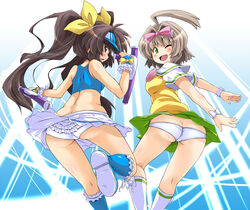  2girls ass back bow brown_hair butt_crack commentary_request dual_wielding green_eyes hasumi_eri holding legs looking_back lowleg lowleg_panties mirumachi_kurumi multiple_girls one_eye_closed open_mouth panties sugiura tonfa underwear vanguard_princess weapon yellow_bow 