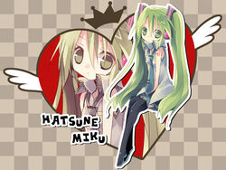  bad_id bad_pixiv_id crown female green_eyes green_hair hanepochi hatsune_miku headphones heart long_hair necktie sitting skirt solo thighhighs twintails vocaloid wings 