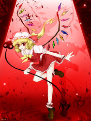  asm blonde_hair brown_footwear collared_shirt female flandre_scarlet frilled_shirt_collar frilled_skirt frilled_sleeves frilled_socks frills hat hat_ribbon holding laevatein_(touhou) mob_cap one_side_up open_mouth ponytail puffy_short_sleeves puffy_sleeves red_background red_eyes red_ribbon red_skirt red_vest ribbon ribbon-trimmed_headwear ribbon_trim shirt short_hair short_sleeves skirt skirt_set socks solo standing standing_on_one_leg touhou v-shaped_eyebrows vest white_hat white_shirt white_socks wings wrist_cuffs 