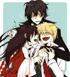  2boys alice_(pandora_hearts) bad_id bad_pixiv_id black_hair blonde_hair blush bow braid brown_hair female gilbert_nightray gloves happy holding_hands long_hair multiple_boys oz_vessalius pandora_hearts photoshop_(medium) ribbon ruru_(yuzu812) short_hair smile yellow_eyes 