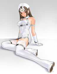  bare_shoulders boots brown_hair commentary_request female gloves long_hair original photoshop_(medium) solo thighhighs white_gloves yellow_eyes yukiyoshi 