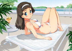  bikini black_hair blue_eyes breasts commentary_request drink earrings female glass jewelry long_hair medium_breasts navel nisemon original pool sideboob solo swimsuit water white_bikini 