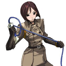  bob_cut brown_hair chiisan choker commentary female gloves holding holding_whip jaggy_lines looking_at_viewer lowres oekaki short_hair simple_background solo the_king_of_fighters uniform whip whip_(kof) white_background 