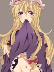  bad_id bad_pixiv_id blonde_hair clothes_in_mouth clothes_lift dress dress_in_mouth dress_lift female groin hat long_hair mouth_hold navel purple_eyes solo touhou waiko yakumo_yukari 