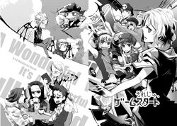  4girls 6+boys beanie bitou_daisukenojou bitou_raimu blush buttons commentary_request english_text glasses greyscale hanekoma_sanae hat headphones higashizawa_yodai kariya_koki kiryuu_yoshiya kitaniji_megumi konishi_mitsuki long_hair mebu megaphone midriff minamimoto_shou misaki_shiki monochrome multiple_boys multiple_girls nyantan sakuraba_neku short_hair smile subarashiki_kono_sekai wings yashiro_uzuki 