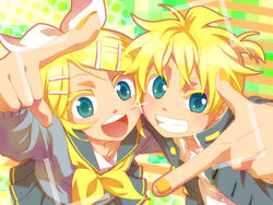  1boy aqua_eyes blonde_hair bow brother_and_sister cardigan cheek-to-cheek collarbone colored_eyelashes commentary_request female finger_frame finger_frame_duo foreshortening gakuran green_skirt grin hair_ornament hairbow hairclip heads_together highres junji kagamine_len kagamine_rin leaning_forward looking_at_viewer neckerchief open_mouth pleated_skirt sailor_collar school_uniform serafuku siblings skirt smile sweater twins viewfinder vocaloid yellow_nails 