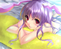  animal_ears bad_id bad_pixiv_id blush close-up closed_mouth crossed_arms eyelashes female fingernails inflatable_toy kobanzame light_purple_hair long_hair nude purple_hair rabbit_ears red_eyes reisen_udongein_inaba smile solo touhou water 