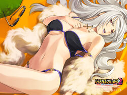  bikini breasts cleavage copyright_name cross cross_necklace earrings female freia_kagami fuchida_kazuhiro fur grey_hair highres jewelry large_breasts lipstick long_hair makeup navel necklace official_art parted_lips purple_lips red_eyes solo sunglasses swimsuit unworn_eyewear wrestle_angels wrestle_angels_survivor_2 