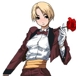  blonde_hair bow bowtie chiisan commentary earrings female flower formal gloves jaggy_lines jewelry king_(snk) lowres oekaki pant_suit pants reverse_trap rose ryuuko_no_ken short_hair simple_background solo suit the_king_of_fighters traditional_bowtie tuxedo white_background white_gloves 