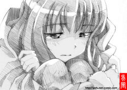  commentary_request female gofu greyscale hugging_own_legs makita_hime monochrome sketch solo sora_no_manimani spot_color tears traditional_media 