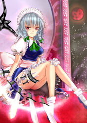  bad_id bad_pixiv_id braid bridal_garter female grey_hair highres holster izayoi_sakuya knife maid moon pinkrojar red_eyes red_moon short_hair solo thigh_holster touhou twin_braids weapon_in_garters 