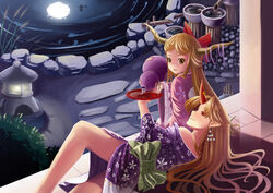  2girls absurdres alcohol blonde_hair commentary_request cup gourd highres horns hoshiguma_yuugi ibuki_suika japanese_clothes kirisame_marisa long_hair lying majicjiang moon moon_reflection multiple_girls on_side photoshop_(medium) pointy_ears red_eyes reflection sakazuki sake shishi_odoshi single_horn souzu stone_lantern touhou veranda water yellow_eyes 