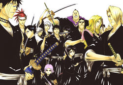  6+boys 6+girls abarai_renji absurdres annotated armband badge belt black_eyes black_hair bleach blonde_hair blue_eyes bracelet breasts brown_eyes bun_cover capelet choker cleavage everyone facial_hair fukutaichou_badge glasses grimace hair_bun hair_over_one_eye hair_up headband highres hinamori_momo hisagi_shuuhei iba_tetsuzaemon ise_nanao japanese_clothes jewelry kataginu katana kira_izuru knife kotetsu_isane kubo_tite kurotsuchi_nemu kusajishi_yachiru long_hair matsumoto_rangiku medium_breasts mole mole_under_mouth moustache multiple_boys multiple_girls necklace official_art oomaeda_marechiyo photoshop_(medium) pink_eyes pink_hair purple_eyes red_hair sasakibe_choujirou sash scabbard scan scar sheath shiba_kaien shinigami short_hair short_sword silver_hair single_hair_bun spiked_hair sunglasses sword tantou tattoo unsheathing wakizashi wavy_hair weapon 