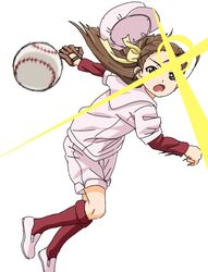  baseball baseball_uniform blurry brown_hair commentary_request depth_of_field female forehead hat highres kaimuu_(fahrenheit724) lens_flare motion_blur sakurami_kyouko solo sportswear taishou_yakyuu_musume unworn_hat unworn_headwear 