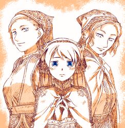  3girls bandana blue_eyes blush breasts capelet cloak closed_mouth commentary_request gem hatsune_miku head_scarf lola_(vocaloid) long_hair looking_at_viewer medieval medium_breasts monochrome multiple_girls parted_lips prima smile spot_color twintails upper_body vocaloid watari_taichi 