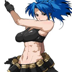  abs blue_hair chiisan commentary_request covered_nipples crop_top earrings female gloves jaggy_lines jewelry leona_heidern lowres midriff muscular navel oekaki ponytail simple_background solo tank_top the_king_of_fighters white_background 