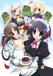  4girls breasts cake charlotte_hazellink earrings flower food fork fujikura_yuu hizuki_yayoi houjouin_seika jewelry maid medium_breasts multiple_girls one_eye_closed pastry photoshop_(medium) princess_lover rose silvia_van_hossen tea tray 