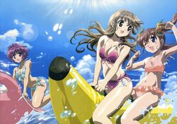  3girls absurdres amamiya_shiina banana_boat bikini blue_eyes blush breasts brown_eyes brown_hair cleavage cloud day detexted front-tie_top highres imageboard_desourced inflatable_raft ishino_satoshi large_breasts lens_flare light_rays long_hair multiple_girls nogizaka_haruka nogizaka_haruka_no_himitsu nogizaka_mika non-web_source oerba_yun_fang on_banana one_eye_closed outdoors purple_hair short_hair side-tie_bikini_bottom sky sunbeam sunlight swimsuit third-party_edit twintails very_long_hair water 