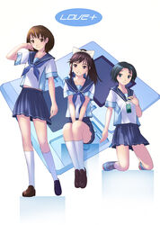  3girls anegasaki_nene black_hair bob_cut brown_eyes brown_hair commentary_request digital_media_player handheld_game_console kobayakawa_rinko love_plus mole mole_under_eye multiple_girls nintendo_ds photoshop_(medium) ponytail school_uniform serafuku shiba_tomori short_hair takane_manaka 