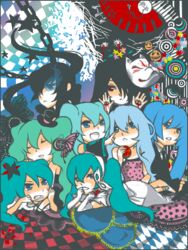  6+girls apple aqua_eyes aqua_hair argyle bad_id bad_pixiv_id black_hair black_rock_shooter black_rock_shooter_(character) blue_eyes blue_hair cendrillon_(vocaloid) chains checkered chibi food fox_mask fruit hatsune_miku koi_wa_sensou_(vocaloid) magnet_(vocaloid) mask multiple_girls multiple_persona musunde_hiraite_rasetsu_to_mukuro_(vocaloid) polka_dot red_eyes romeo_to_cinderella_(vocaloid) saihate_(vocaloid) shiratama_(shiratama_gold) songover twintails vocaloid world_is_mine_(vocaloid) 