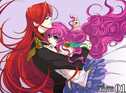  1boy bad_id bad_pixiv_id bishounen blue_dress couple dress female from_side hug kiryuu_touga long_hair long_sleeves profile red_hair shoujo_kakumei_utena shoujo_kakumei_utena_adolescence_mokushiroku straight tako_rii tenjou_utena very_long_hair wavy_hair 