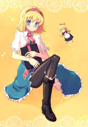  alice_margatroid blue_eyes book boots commentary_request cross-laced_footwear female kimarin lace-up_boots looking_at_viewer pantyhose shanghai_doll solo touhou 