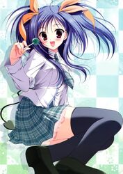  :d black_thighhighs blue_hair blush candy demon_tail female food hair_ribbon kawai_ameri lace lollipop long_hair looking_at_viewer necktie oerba_yun_fang open_mouth plaid plaid_necktie plaid_skirt purple_eyes ribbon school_uniform shirt sitting skirt smile solo tail tanihara_natsuki tayutama thighhighs twintails white_shirt zettai_ryouiki 