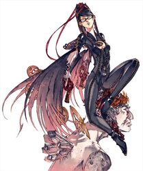  bayonetta bayonetta_(series) bayonetta_1 black_hair blue_eyes commentary_request dual_wielding female glasses gun high_heels holding leather long_hair mole mole_under_mouth quadruple_wielding shoes weapon yoshida_tooru 